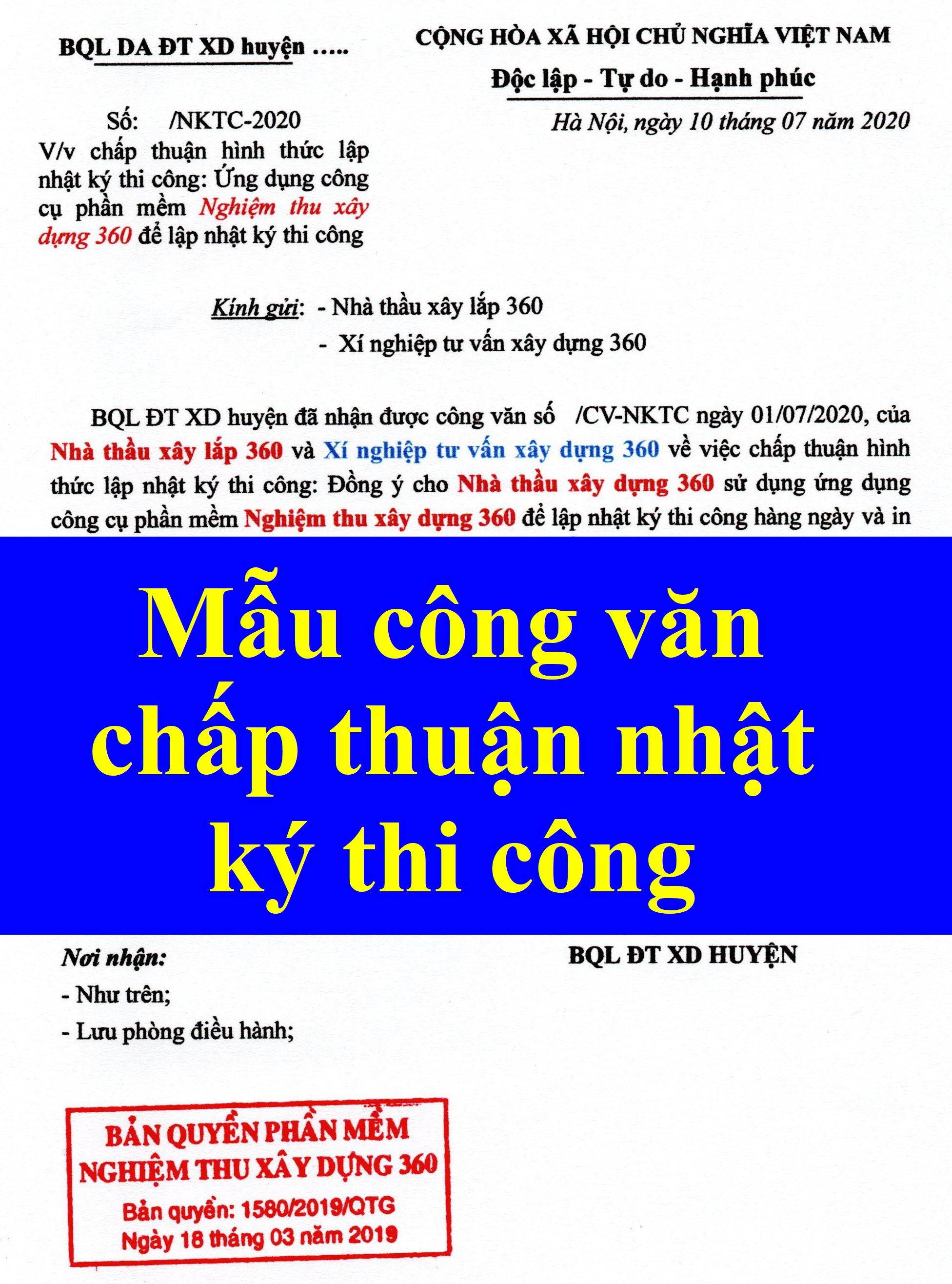 Mẫu công văn chấp thuận lập nhật ký thi công bằng máy trên phần mềm Nghiệm thu xây dựng 360